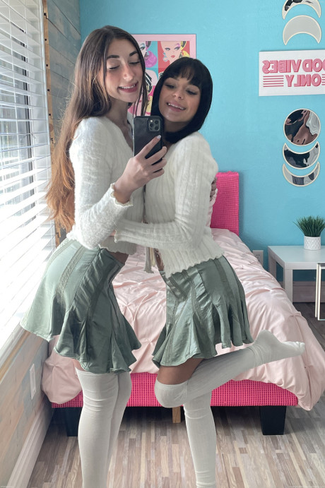 Skinny teens in short skirts Aria and Tori undress and masturbate on a bed - #3115