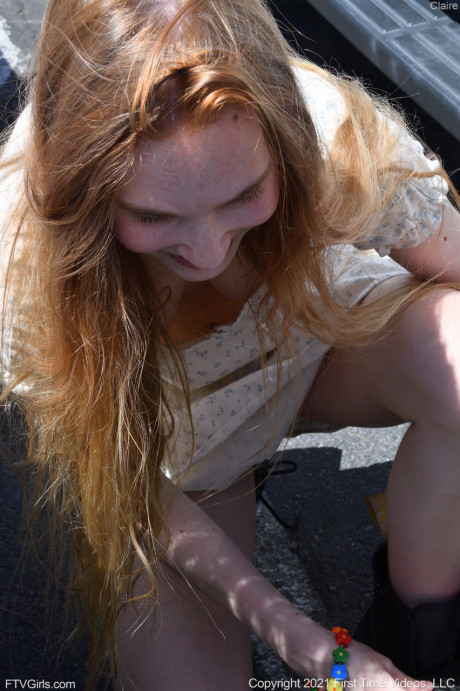 Amateur babe Claire flashes her snatch in public before stripping nude at home #11327