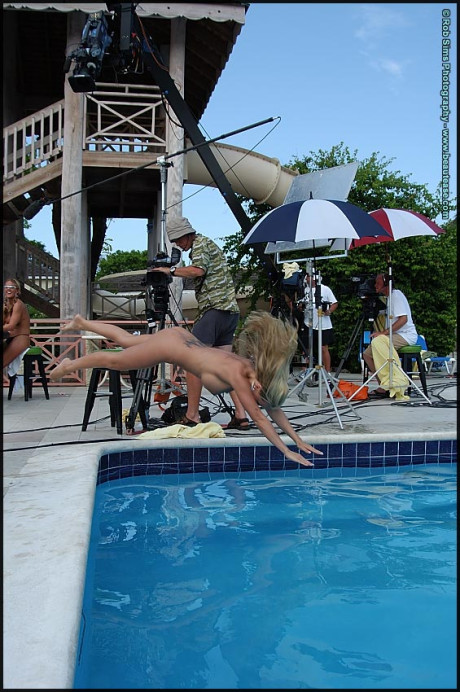Lesbian chicks go for a skinny dip after a game of strip poker by a pool - #40103