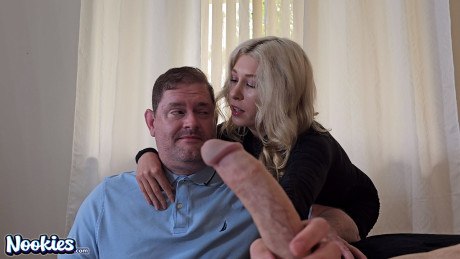 Blondy Anna Kovachenko swallowing a monster white dick in front of her cuckold - #246348