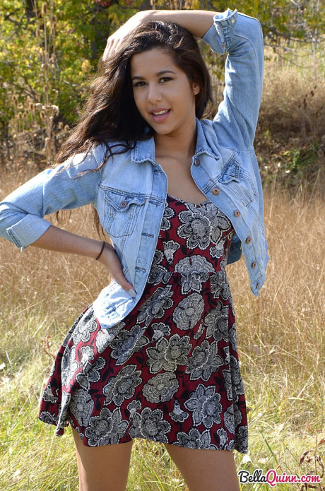 Latina first timer Bella Quinn covers up her exposed melons in a field - #31256