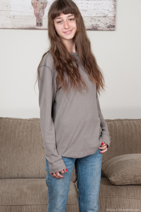 Slender teenie Willow takes off her jeans, shows her small melons and bushy vagina - #223482