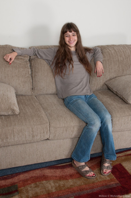Slender teenie Willow takes off her jeans, shows her small melons and bushy vagina - #223484
