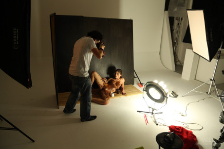 Slim young Little Caprice poses in stockings & chocolate at a photo shoot - #16425
