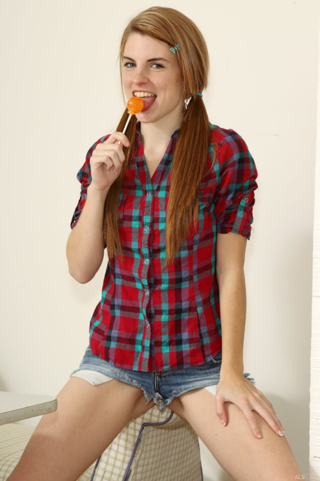 Slutty young in a plaid shirt Aubrey Belle masturbates with an orange lollipop - #150655