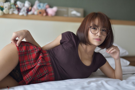 Pretty lovely asian teenie flaunts her hot ass wearing a miniskirt and panties - #118135