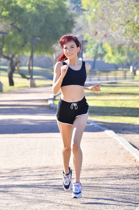 Frisky redhead young Sabina strips in public and does yoga ass naked - #137300