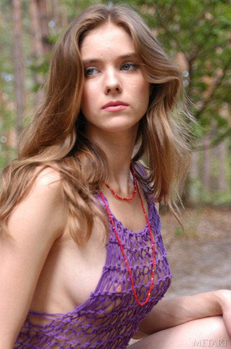 Petite babe Marilu A loses her sheer dress and poses undressed in the woods - #2608