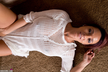 Pierced redhead Nikki Sims wearing high heel boots showing gigantic tits - #171247