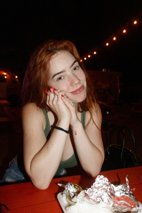 Nerdy redhead Nala Brooks flashes her enormous tit in public & strips undressed at home - #212419