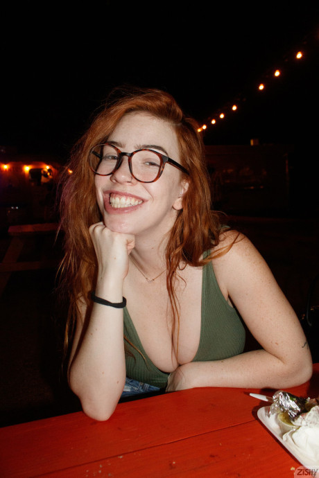 Nerdy redhead Nala Brooks flashes her enormous tit in public & strips undressed at home - #212420