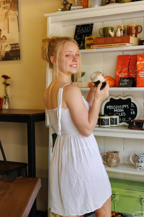 Young young blondy babe Kylie Shay flaunts her natural melons on her bed
