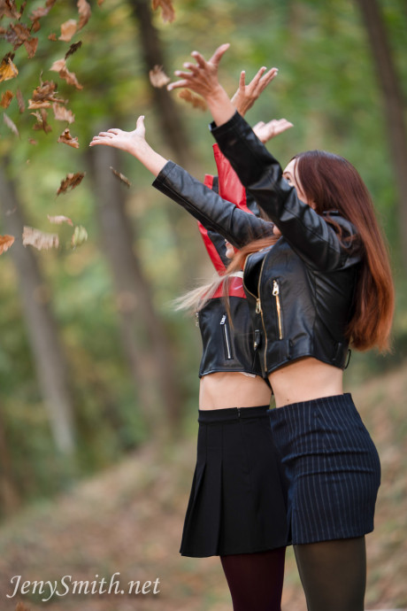 Pretty lesbian Jeny Smith & her sweet girlfriend show their small tits outdoors - #46889