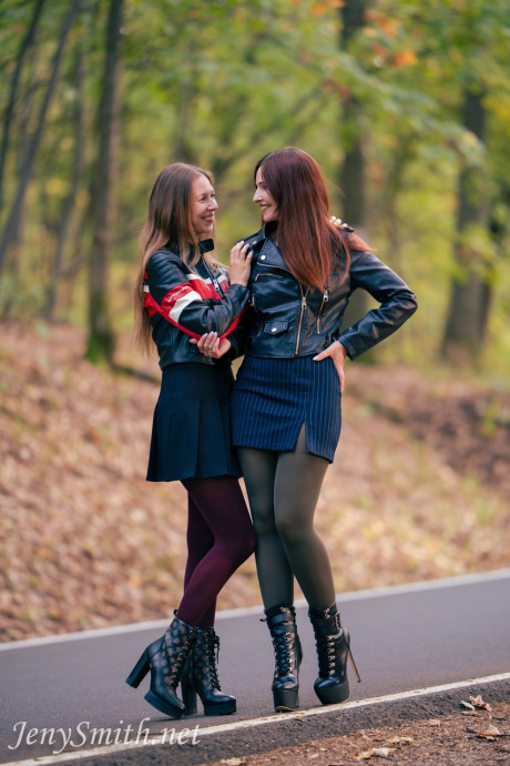 Pretty lesbian Jeny Smith & her sweet girlfriend show their small tits outdoors - #46890