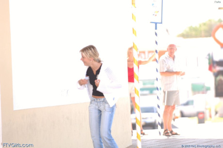 Slutty teenie Kata exposes her tiny breasts & her shaved pink pussy in public - #242687