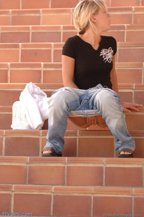 Slutty teenie Kata exposes her tiny breasts & her shaved pink pussy in public - #242690