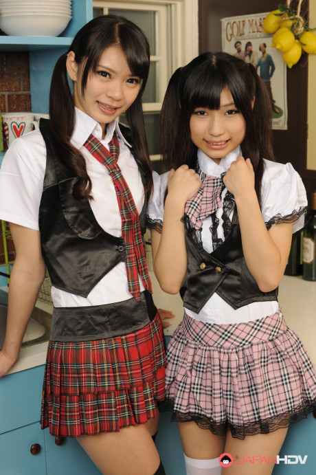 Japanese coeds Akubi Yumemi & Runa Kobayashi show their twats and butts - #22459