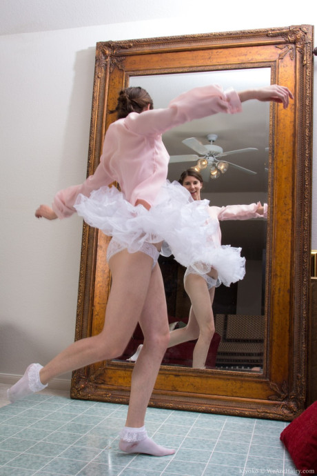 Happy ballerina Kiyoko flashes panty upskirt & peels to pet her hairy cunt - #155608