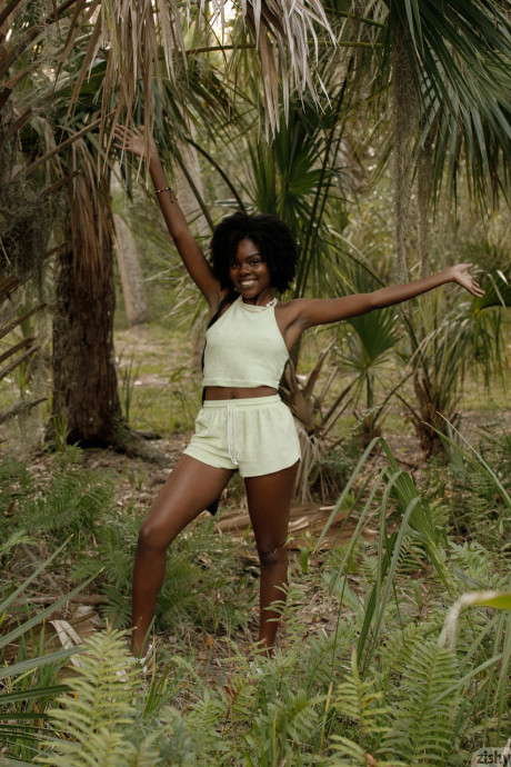 Skinny amateur ebony babe Lacole Sawyer strips & poses in her panties outside - #91727