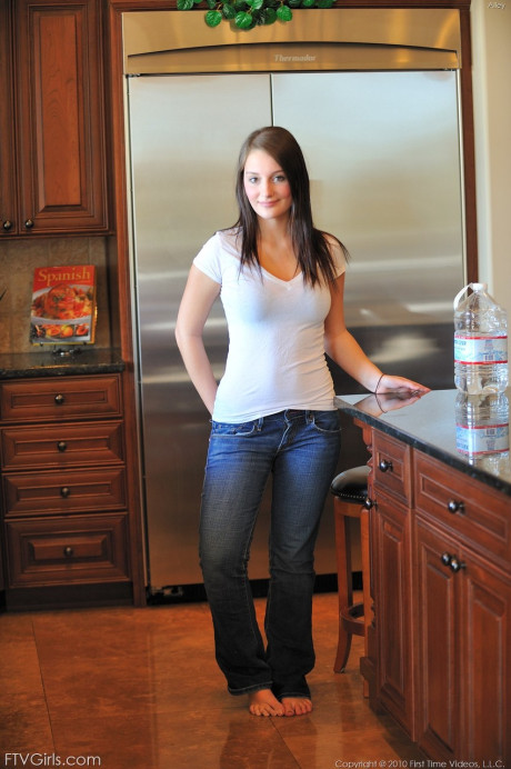 Brunette girl Alley touches her clam and flaunts her round butt - #194583