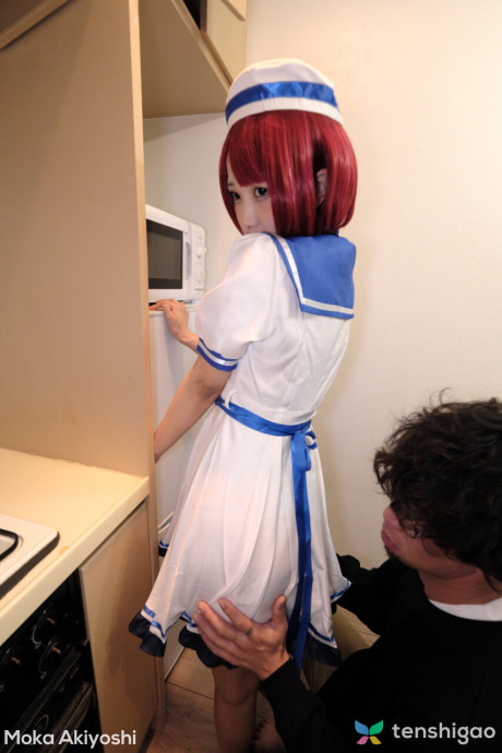Japanese teenie babe Moka Akiyoshi gets spit roasted in a cosplay gangbang - #11881
