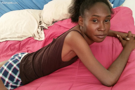 Amateur black whore prods her spread silky pussy with a dildo up close - #151738