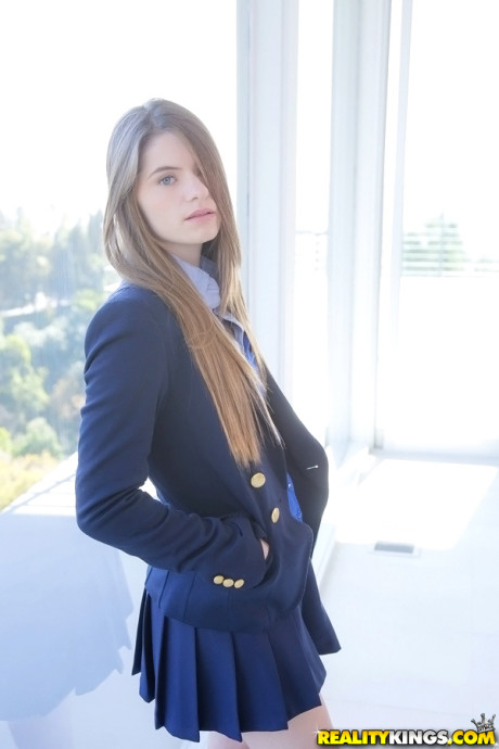 Long-haired teenage cutie Alice March gets rid of her uniform and panties - #266671