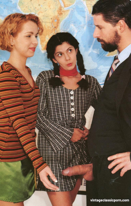 Kinky schoolgirls share a techer's massive schlong in class & take a facial - #254302