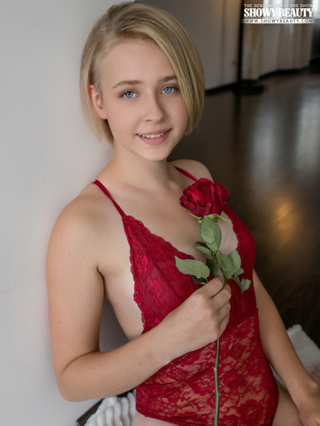 Cute blondy young Kamilla takes off red undergarment to go bareback nude - #9745