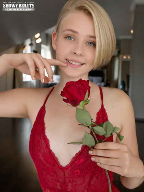 Cute blondy young Kamilla takes off red undergarment to go bareback nude - #9748