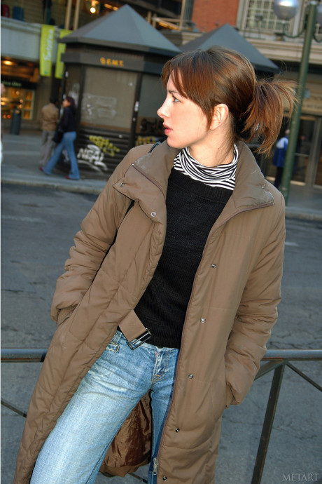 Horny brunette amateur Eva B flaunts her small titties in a red dress - #187003