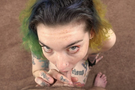 Green-haired amateur Mikaela shows her tattoos and swallows a penis in POV - #199526