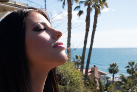 Sultry solo model Adriana Chechik slides yoga pants over big butt on patio - #110962