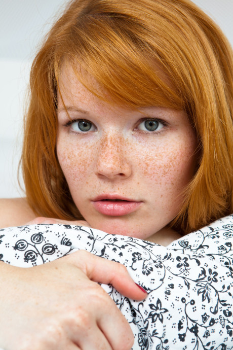 Czech red hair Mia Sollis showcases her medium breasts and spreads her bald beaver - #148926