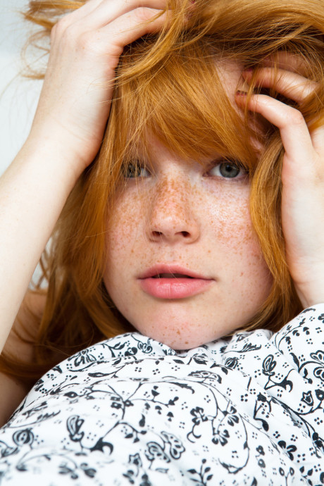 Czech red hair Mia Sollis showcases her medium breasts and spreads her bald beaver - #148927