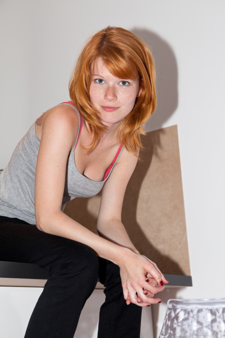 Czech red hair Mia Sollis showcases her medium breasts and spreads her bald beaver - #148928