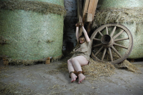 Filthy meaty girl with raw feet is kept in a barn with chain shackles - #265440