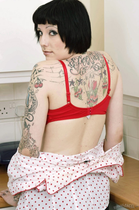 Tall inked goth peels in the kitchen to flaunt her tats & cunt on the counter - #236214