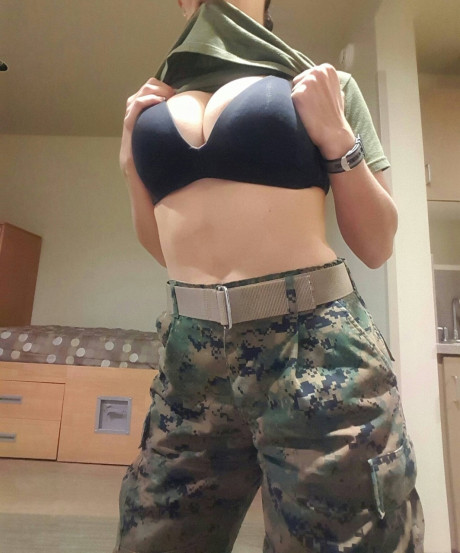 Hot babe with gigantic juggs doffs her military uniform and poses in a solo - #39089