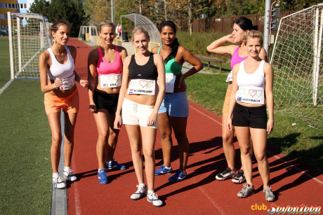 Whores running team show enjoy a hot lesbian cunt licking after game shower - #31426