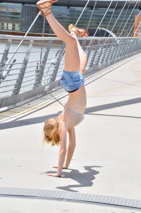 Skinny yellow-haired amateur teenie Angelina reveals her melons and butt in public - #190910