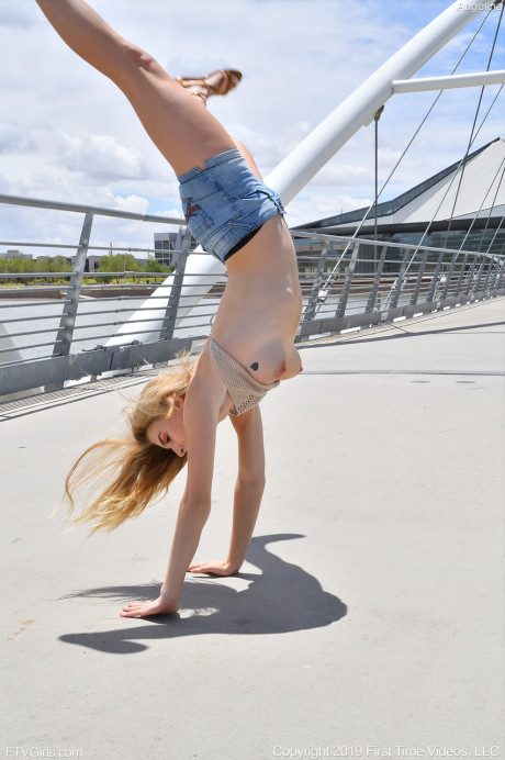 Skinny yellow-haired amateur teenie Angelina reveals her melons and butt in public - #190913