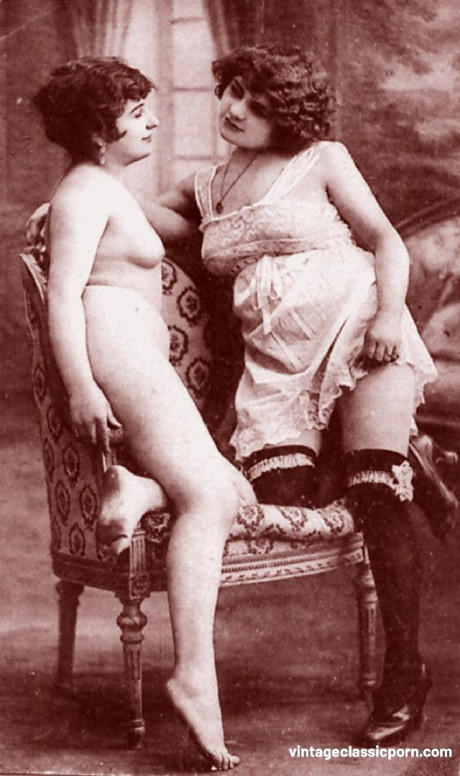 Gorgeous French women show their nice boobies & trimmed cunts in a vintage scene - #141409
