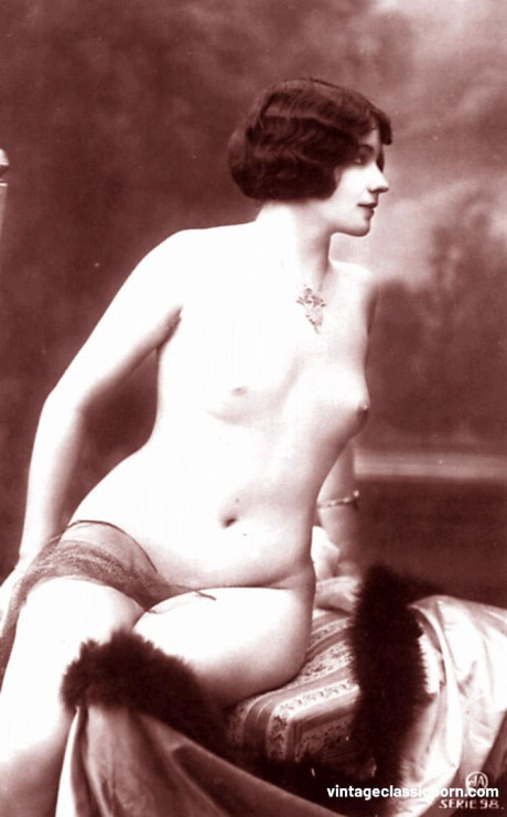 Gorgeous French women show their nice boobies & trimmed cunts in a vintage scene - #141420