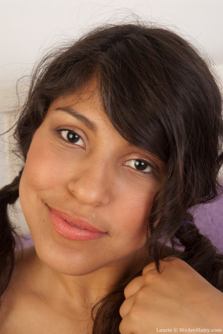 Sweet exotic young Laurie rubs her bushy muff and exposes natural titties - #206427