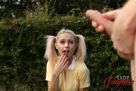 Fine blondie Chloe Toy exposes her panties while a hubby bf stud jerks off - #186408