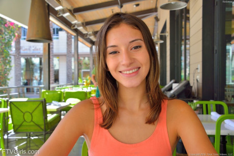 Adorable thin young Roxanna flashes her trimmed pussy in public - #145215