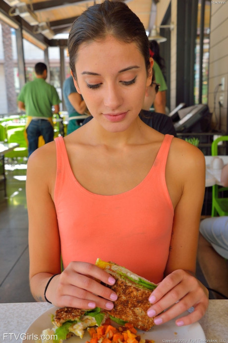Adorable thin young Roxanna flashes her trimmed pussy in public - #145216