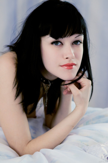 Raven-haired babe in white nylons Cecile A shows her hot boobies & sexy muff - #93509