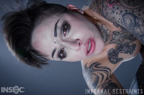 Tattooed female Leigh Raven has her moth forced open during BDSM play - #126039